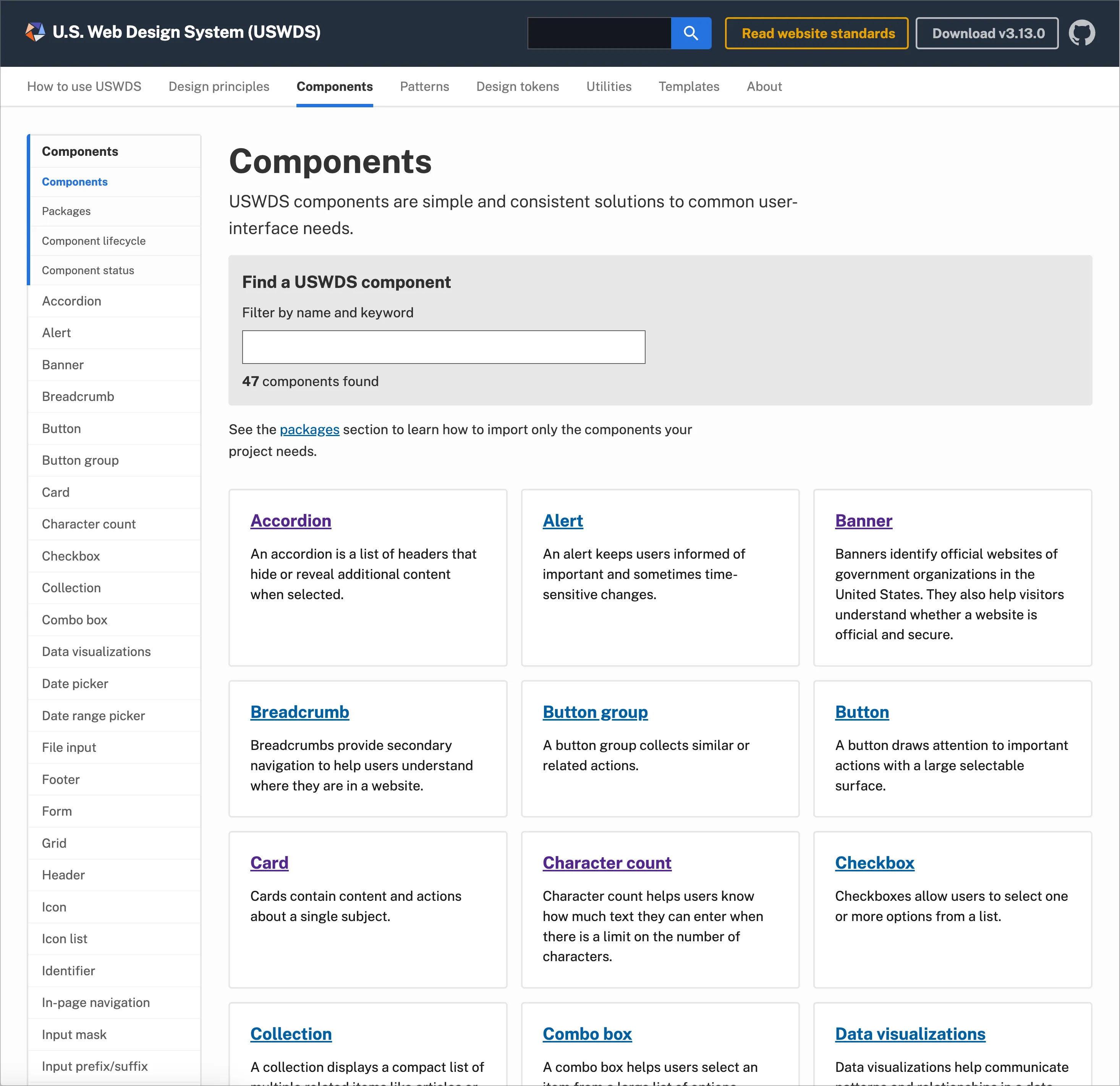 The USWDS Component landing page